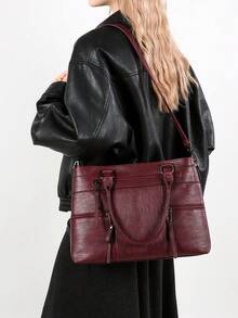 Retro Minimalist Large Capacity Fashion Student/Work Commute Tote Bag - Burgundy - View 8