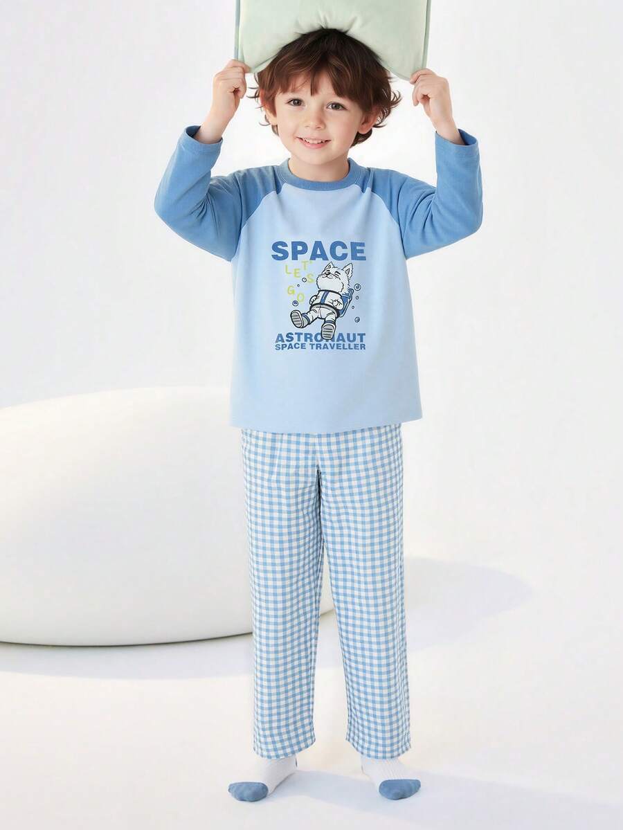 Balabala Tween Girl 2025 Spring New Cotton Colorblock Top & Plaid Pants Pajama Set - Blue Tint - View 1