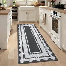 1PCS Room Decor Bordered Rug Scalloped Geometric Pattern Modern Washable Low Pile Area Rug For Living Room Bedroom Contemporary Non Slip Large Rug Low Pile Stain Resistant Carpet For Classroom Dining Room Runner For Hallway Kitchen Enterway - 黑灰色 - 查看 2