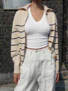 DAZY Contrast Color Striped High Neck Long Sleeve Loose Cardigan With Horn Buttons For Women,Fall Women Clothes - Apricot - View 6