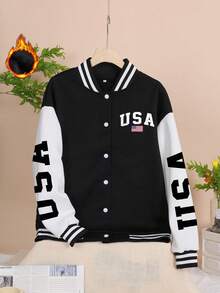 Es Trus Plus 秋冬女式休闲趣味极简“USA”字母印花街头时尚夹克，韩版复古舒适百搭通勤户外长袖棒球夹克，常规款宽松加大码黑白棒球夹克 - 黑與白 - 查看 1