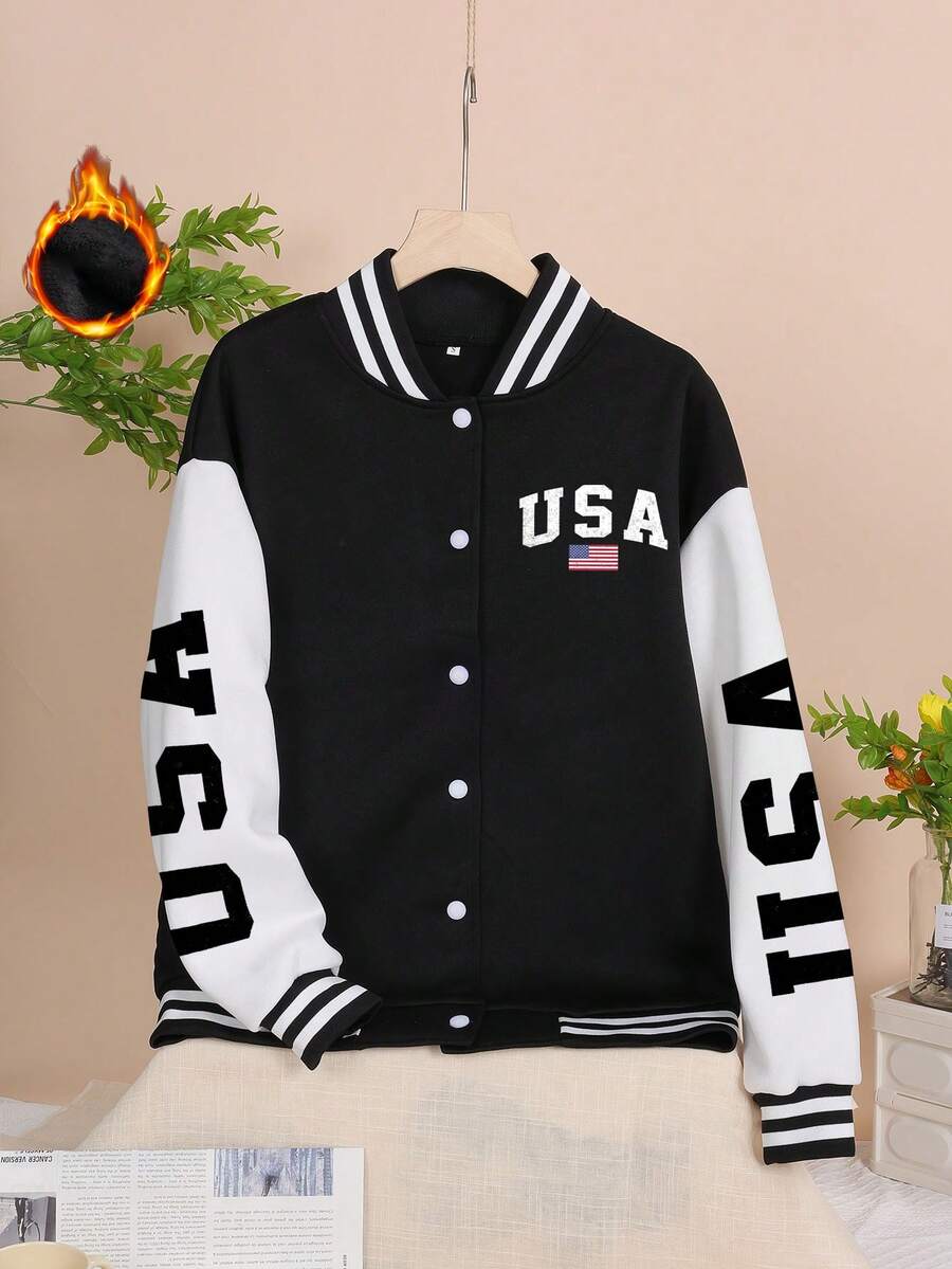 Es Trus Plus 秋冬女式休闲趣味极简“USA”字母印花街头时尚夹克,韩版复古舒适百搭通勤户外长袖棒球夹克,常规款宽松加大码黑白棒球夹克 - 黑與白 - 查看 1