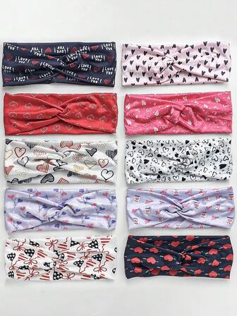 10pcs Heart Print Headbands, Soft Non-Slip, Comfortable Elastic Headbands For Women, Adjustable Design Fits Most Head Sizes, Suitable For Daily Wear And Parties Women Hair Accessories Fashion Hair Bands Elegant Head Wrap