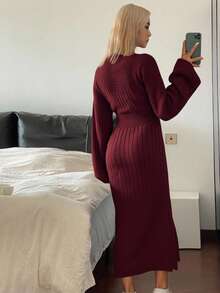 Livesso Women's Solid Color Sweater Dress, Autumn Red Women Dresses - Burgundy - View 3
