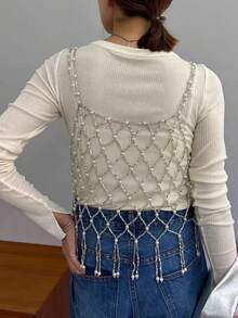 DEKUNER New Tassel Body Chain Top, Korean Style Pearl Loose Camisole Top Without Straps, Can Be Paired With Shirts, Sweaters, Multiple Colors, Suitable For Christmas Decoration - Silver - View 6