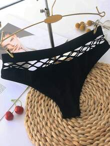 3条装女士黑色渔网丁字裤，性感镂空丁字裤 - 黑色 - 查看 4