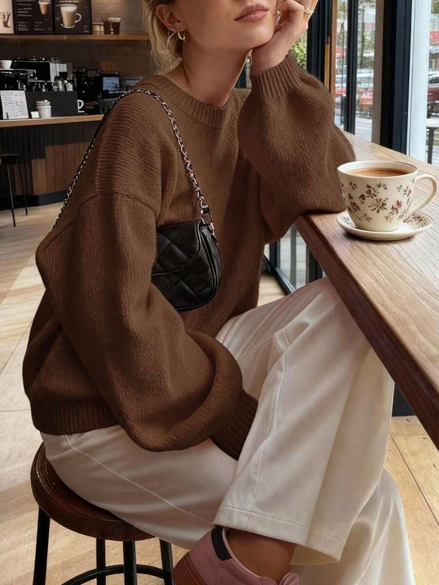 FOR BEAUTY Women's Casual Loose Fit Crew Neck Long Sleeve Knit Sweater, Coffee Color, Minimalist Design, New Year Edition, Autumn/Winter