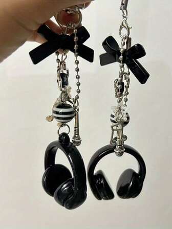 1个Y2K立体声耳机麦克风蝴蝶结钥匙扣吊坠，简约百搭个性化背包挂饰，创意CCD挂饰手机链包包配件