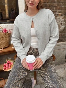 Women Simple Solid Color Single-Breasted Short Cardigan Sweater,Long Sleeve Tops Casual - Grey - View 4