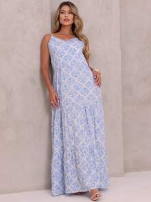 Women's Long Viscose Dress With Adjustable Straps - Blue and White - View 6