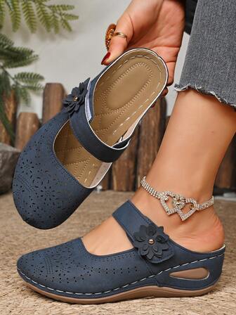 Plus Size Floral Wedge One-Strap Thick-Sole Beach Slide Sandals, New Summer 2025 Closed Toe Women Shoes