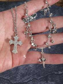 2件套水钻星星十字架流苏项链，闪亮锆石高端独特哥特式颈链，Y2K风格