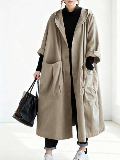 秋冬女士宽松长款风衣，复古风格，大口袋，纽扣前襟，连帽，休闲百搭