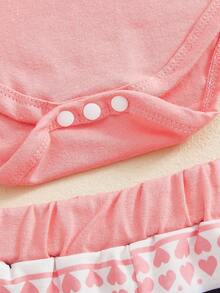 Conjunto de 4 piezas para bebé niña con estampado de letras, mono de manga larga, pantalones de mariposa, diadema con lazo y sombrero para el Día de San Valentín - Rosa - Ver 7