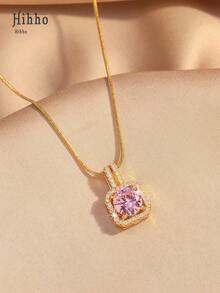 Hihho 1pc Pink Gemstone Necklace, Gold Snake Bone Chain Luxurious Design, Suitable For Everyday Wear, Dates, Outfit Accessory - Pink - View 3