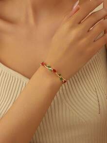 1 chiếc vòng tay tennis đính đá Zirconia cao cấp, thiết kế hoa lá độc đáo, có các màu hồng, xanh lá cây, xanh dương, trắng, xanh ngọc bích, nhiều màu, phụ kiện thanh lịch hàng ngày/ngày lễ, trang sức cô dâu, vật dụng cần thiết cho kỳ nghỉ hè, toát lên vẻ nữ tính duyên dáng, món quà lý tưởng cho Ngày của Mẹ, Ngày Valentine, Giáng sinh, Kỷ niệm, hoàn hảo cho người thân yêu. - Vàng + Đỏ - Xem 3