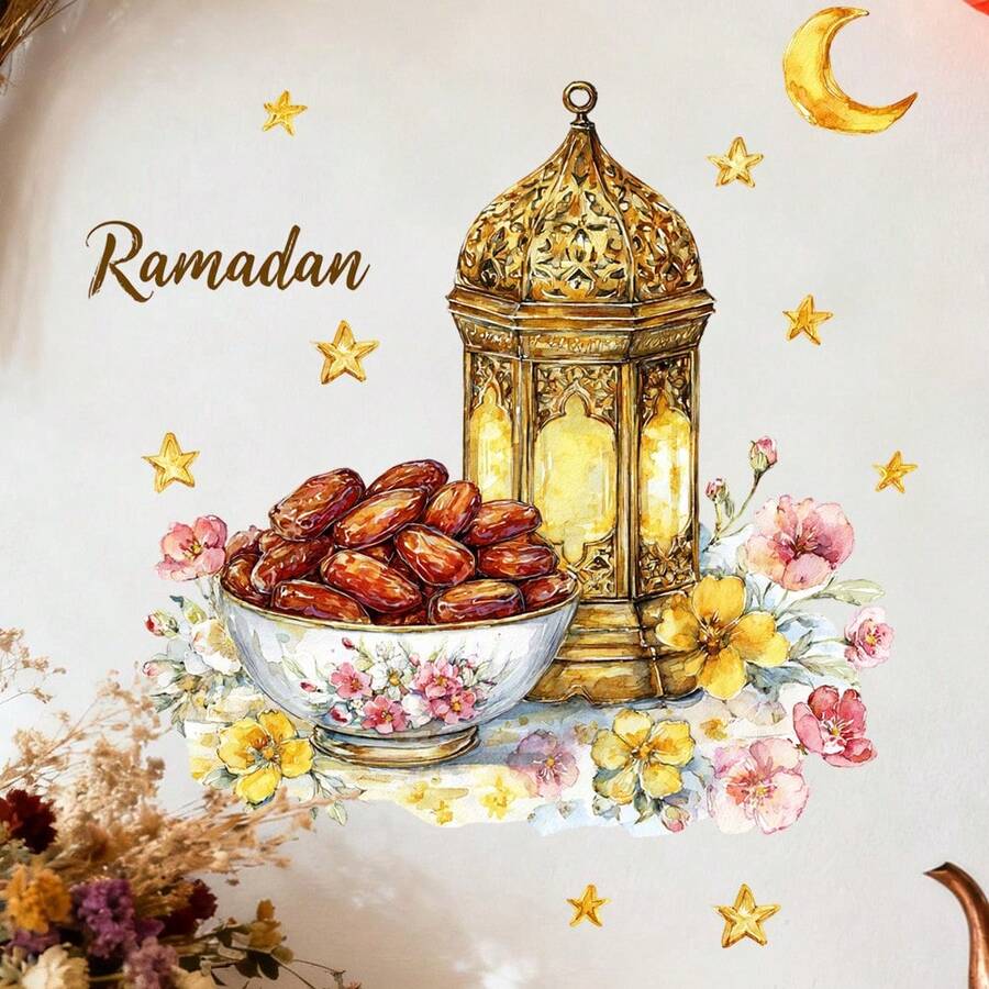 1/3pcs Islamic Style Wall Stickers, Removable PVC Self-Adhesive Design, Patterns Include Arabic Lanterns, Date Palms, Fresh Flowers, Crescent Moon And Stars. Suitable For Living Room, Bedroom, Kitchen, Dining Room, Home Decor, Eid And Ramadan Party - Multicolor - View 1