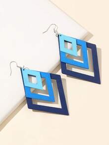 1 Pair Wooden 3-Piece Ombre Rhombus Combination Earrings For Women, Oversized Exaggerated Drop Earrings, Vintage & Unique - Blue - View 1
