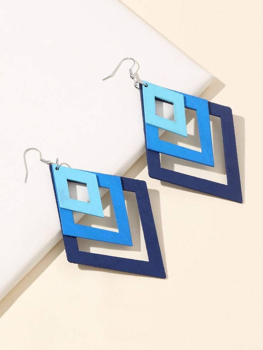 1 Pair Wooden 3-Piece Ombre Rhombus Combination Earrings For Women, Oversized Exaggerated Drop Earrings, Vintage & Unique - Blue - View 1