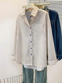 YUXIN 女士春秋季趣味卡通兔子印花蓝色条纹衬衫，宽松休闲办公百搭修身长袖上衣 - 杏色 - 查看 4