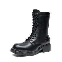 Women's Mid-Calf Combat Motorcycle Boots, Side Zipper Classic Chunky Heel, Lace-Up, Holiday Commuting Winter Shoes - màu đen - Xem 1