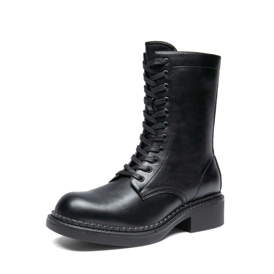 Women's Mid-Calf Combat Motorcycle Boots, Side Zipper Classic Chunky Heel, Lace-Up, Holiday Commuting Winter Shoes - màu đen - Xem 1