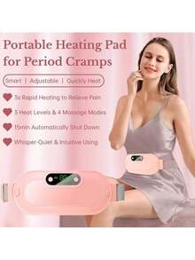 Portable Cordless Heating Pad For Period Cramps |   Fast-Heated Belly Wrap With 3 Heat Levels & 4 Massage Modes |   Menstrual Back/Belly Pain Relief Warm Gift For Women (Pink) - 粉色 - 查看 4