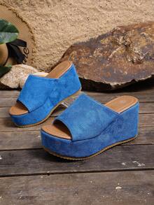 2025新款女士凉鞋，性感豹纹蝴蝶结厚底坡跟时尚凉鞋，女士时尚圆头套脚增高舒适凉鞋，春夏休闲、派对、日常必备，搭配连衣裙更佳 - 藍色 - 查看 7