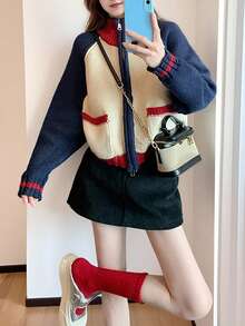Alicedudu Áo len cardigan cổ đứng phối màu phong cách đại học cổ điển dành cho nữ, Thu/Đông - Nhiều màu - Xem 5