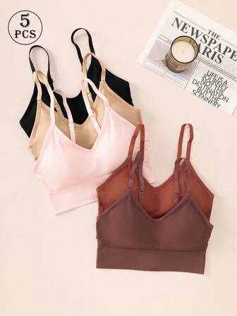 Set de 5 piezas de ropa interior para mujer: Sujetador deportivo sin costuras con cuello en V y alto soporte - Suave, cómodo, transpirable y amigable con la piel