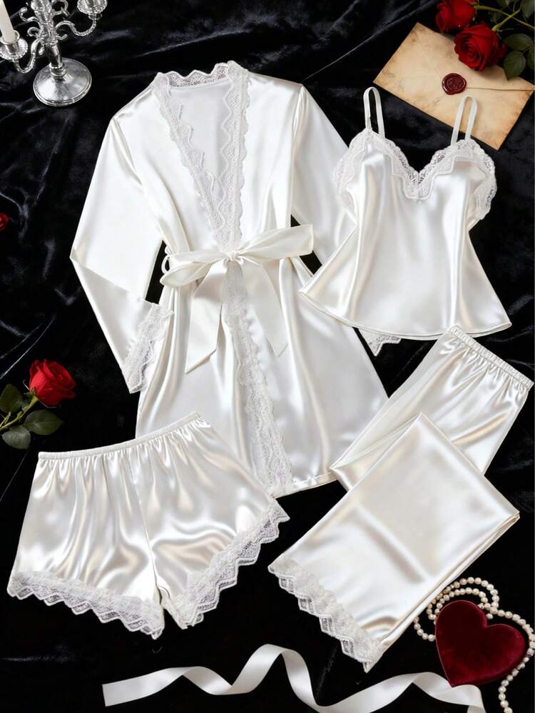 5pcs Solid Satin & Lace Patchwork Pajama Set, Including Long Sleeve Robe, Camisole, Shorts, Pants And Belt, Elegant Women Sleepwear Loungewear, Autumn/Winter - White - View 7
