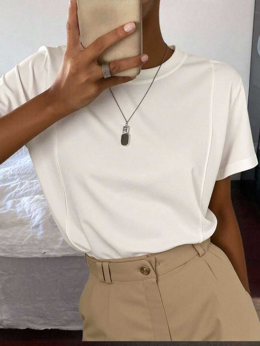 Livesso Solid Seam Detail Tee Old Money Style Business Casual Woman Work Clothes - White - View 1