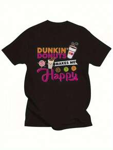 Dunki' Donuts Happy Donut Coffee Cup Printed T-Shirt, Women's Printed T-Shirt 220g, 100% Cotton, Retro Street Women's Short-Sleeved T-Shirt, Round Neck Casual Women's Outdoor T-Shirt Short-Sleeved, Halloween, Christmas, Daily Four Seasons Wear, Holiday Gifts - 黑色 - 查看 1