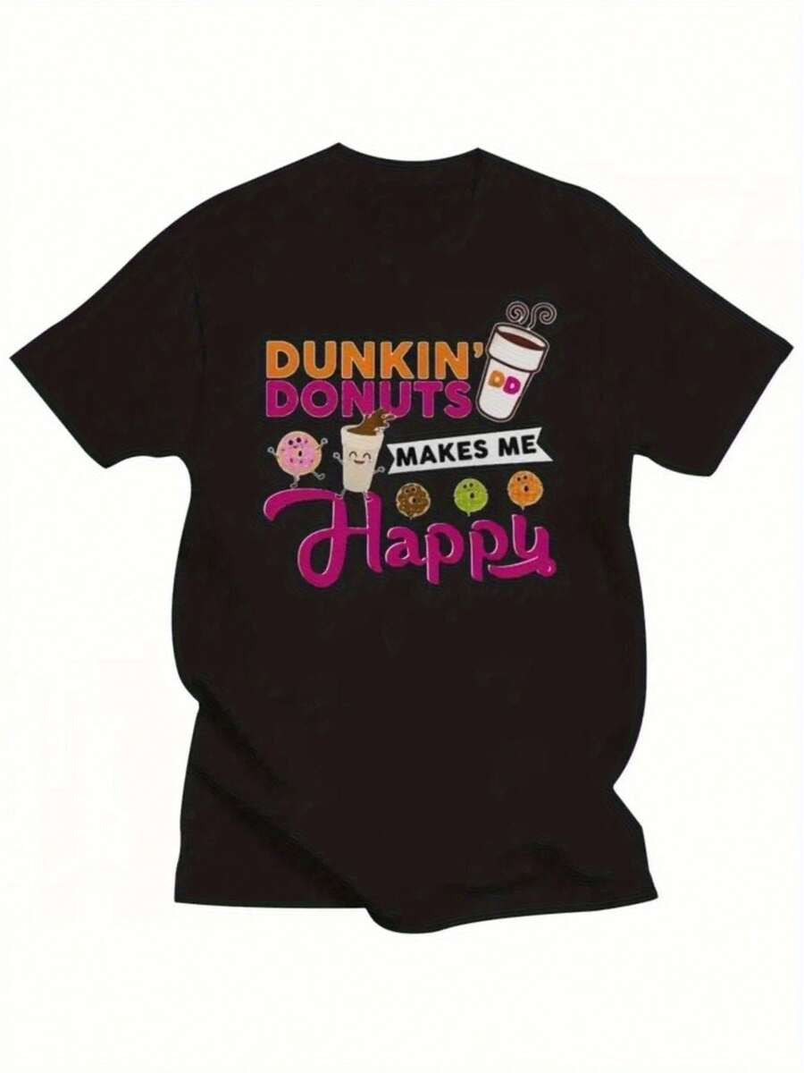 Dunki' Donuts Happy Donut Coffee Cup Printed T-Shirt, Women's Printed T-Shirt 220g, 100% Cotton, Retro Street Women's Short-Sleeved T-Shirt, Round Neck Casual Women's Outdoor T-Shirt Short-Sleeved, Halloween, Christmas, Daily Four Seasons Wear, Holiday Gifts - 黑色 - 查看 1