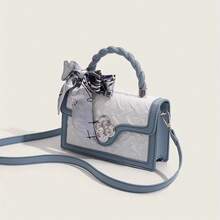 Fashionable High-End Pu Tote Bag With Versatile Square Shape And Cute Cherry Print, Perfect For Shopping, Dating Or Cross-Body For Girls Send Scarf., Best Mother's Day And Valentine's Day Gifts - 淺藍色 - 查看 3