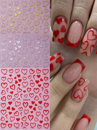 3 piezas Pegatinas de arte de uñas con tema del Día de San Valentín, línea de corazón rojo, corazones huecos de bronce dorado y plateado, pegatinas de uñas autoadhesivas de San Valentín, decoraciones de arte de uñas, adecuadas para mujeres y niñas