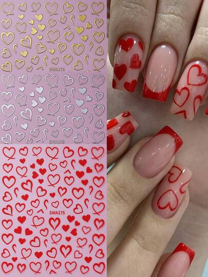 3 piezas Pegatinas de arte de uñas con tema del Día de San Valentín, línea de corazón rojo, corazones huecos de bronce dorado y plateado, pegatinas de uñas autoadhesivas de San Valentín, decoraciones de arte de uñas, adecuadas para mujeres y niñas