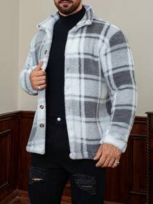 Men's Plush Sherpa Plaid Coat - Warm And Comfortable, Suitable For Autumn And Winter Outfit, Essential For Winter. - Black and White - View 3