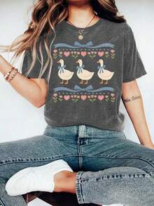Women's Vintage Washed Distressed Printed T-Shirt-Women's Summer Retro 80's Goose Graphic Print Round Neck Short Sleeve Simple Casual Daily T-Shirt Top, Fun Blue Ribbon Goose Women's Top, Retro Goose Women's Summer Clothing, Cute Farm Animal Summer Top-Letter Print Round Neck 90S Street Style Women's Tops - 深灰色 - 查看 10