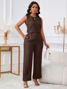 Bộ 2 món thời trang nữ thanh lịch, áo không tay và quần dài với túi xéo và chi tiết cúc, thích hợp cho mùa hè. - Nâu sẫm - Xem 7