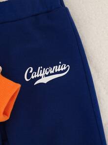 Boys' Colorblock Letter Print V-Neck Baseball Jacket And Pants Set, Casual Fashion - Royal Blue - View 5