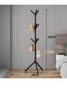 1个现代树形落地式衣帽架 - 稳固的三角形底座，塑料材质，轻巧设计，挂钩可360°旋转，节省空间，适用于玄关、卧室和客厅。北欧简约单杆卧室衣帽架，易于组装，适合家庭、办公室或酒店使用。提供黑色/白色两种颜色，可选6个或9个挂钩，多功能收纳，适合公寓生活。