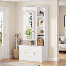 90*40*180cm Multifunctional Hallway Unit With Storage, Wardrobes With Shoe Rack And Mirror, Wardrobe With 2 Drawers And 2 Cabinets, Chest Of Drawers With Shelf, White - 1 - 查看 11