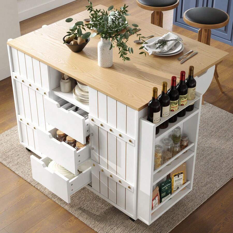 Kitchen Cabinet, Wood Grain Serving Cart, Kitchen Trolley With Wheels And Countertop, Kitchen Trolley With Spice Rack And Towel Rack, Kitchen Island With Sliding Doors And Drawers, White - White + MDF - View 1