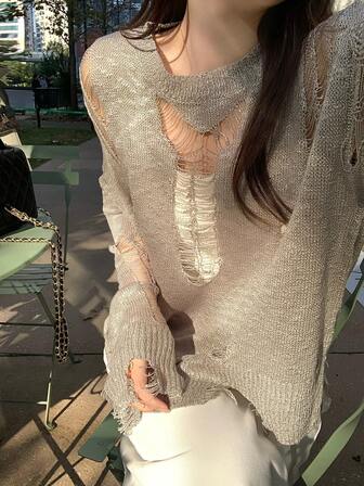 2025 New Loose Hollow Out Vacation Long Sleeve Knit Pullover Sweater For Women