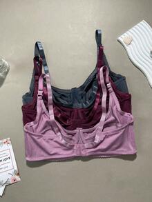 3pcs/Set Solid Color Casual - Comfortable Minimalist Casual - Sports Knit Fabric Bow Front Plus Size Bras - Multicolor - View 3