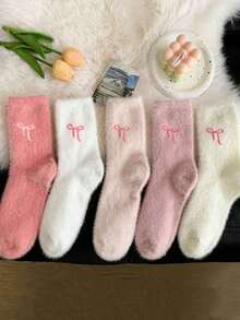 1Pair Mink Plush Bow Fluffy Mid-Calf Socks, Cute & Sweet Mid-Calf Socks, Thick & Warm For Home, Sleep, Bow Pattern, Soft & Comfortable, Suitable For Autumn/Winter Christmas Gift - 彩色 - 查看 3