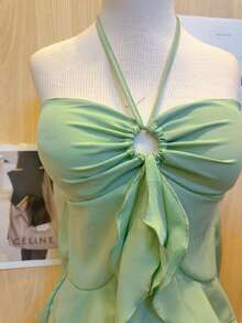Butterfly Cropped Blouse With Ruffled Neck Tie - màu xanh lá - Xem 2