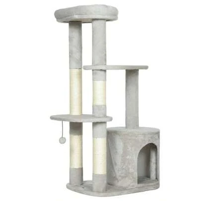 PawHut 114 Cat Tree With Cave, Sisal Stems, Platform, Multi-Level For Medium Size Cats Under 6kg, Light Grey