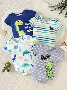 4pcs/Set Baby Boys' Cartoon Dinosaur & Wild Animal All-Over Print Round Neck Short Sleeve Bodysuit Outfit, Summer - Multicolor - View 1